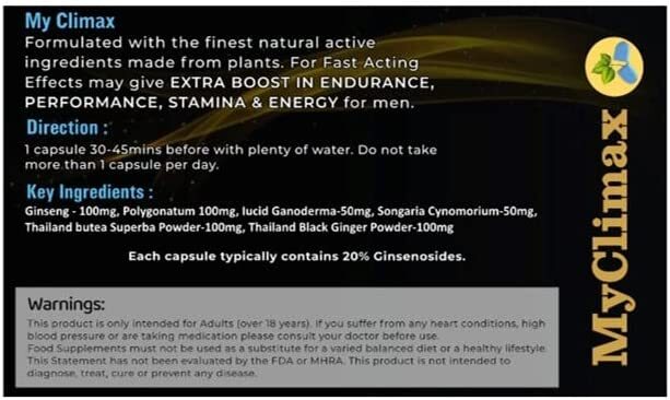 MyClimax - Blue Herbal Energy Supplement for Men, Ginseng, Maximum Energy & Stamina