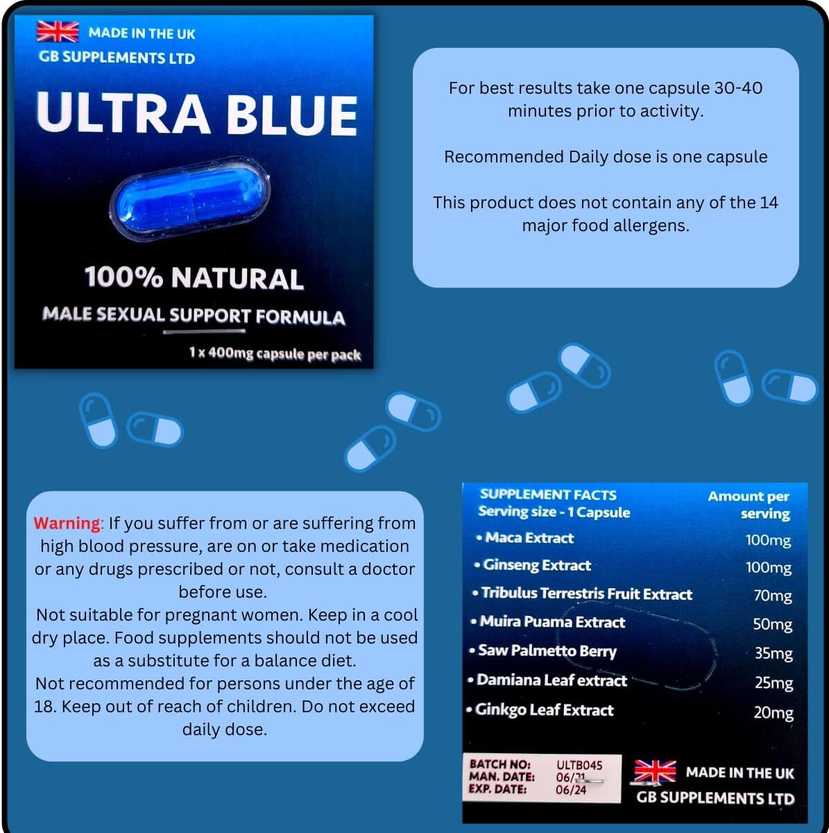 6 x Ultra Blue High Strength Tablets, 100% Herbal Blue Pill Supplement.