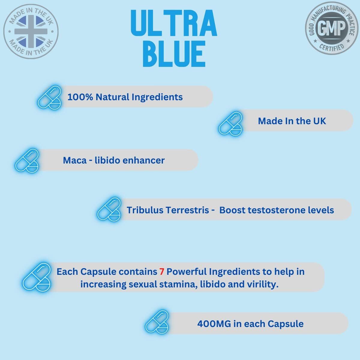 6 x Ultra Blue High Strength Tablets, 100% Herbal Blue Pill Supplement.