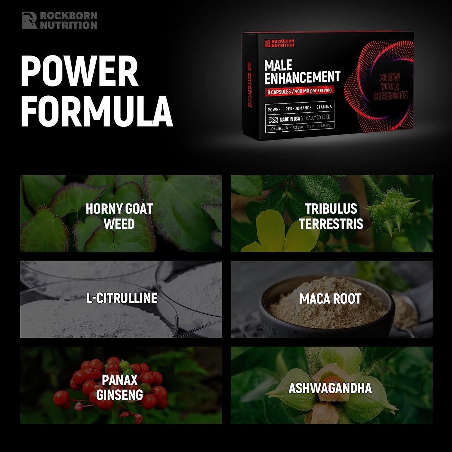 Rockborn Herbal Supplement for Men’s Health with Horny Goat Weed and Tribulus Terrestris - Made in USA - 8 Capsules