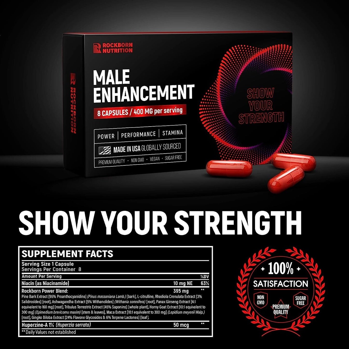 Rockborn Herbal Supplement for Men’s Health with Horny Goat Weed and Tribulus Terrestris - Made in USA - 8 Capsules