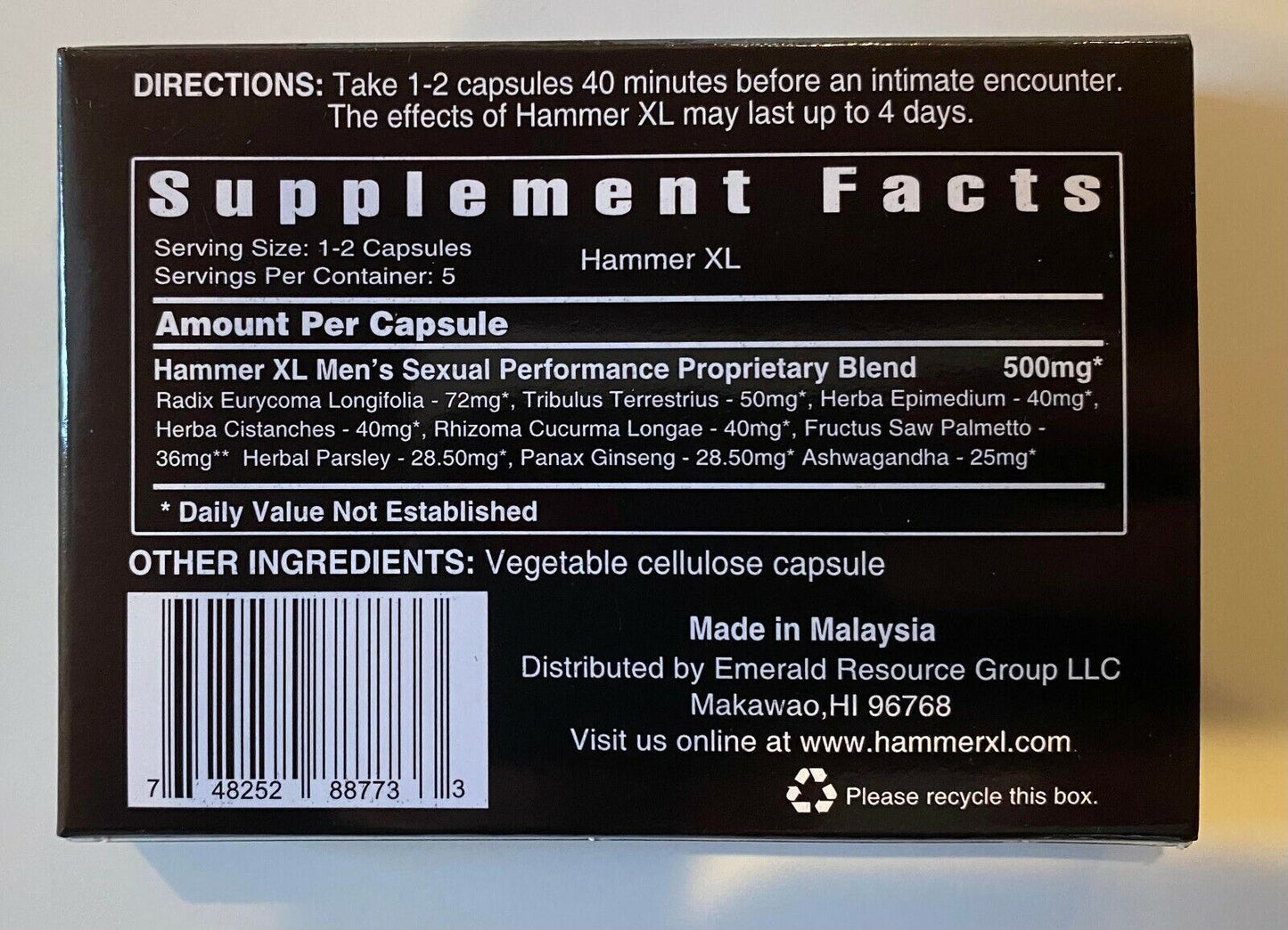 Hammer XL Super Strength New All-Natural Men's Vitality Pill -20 Capsule