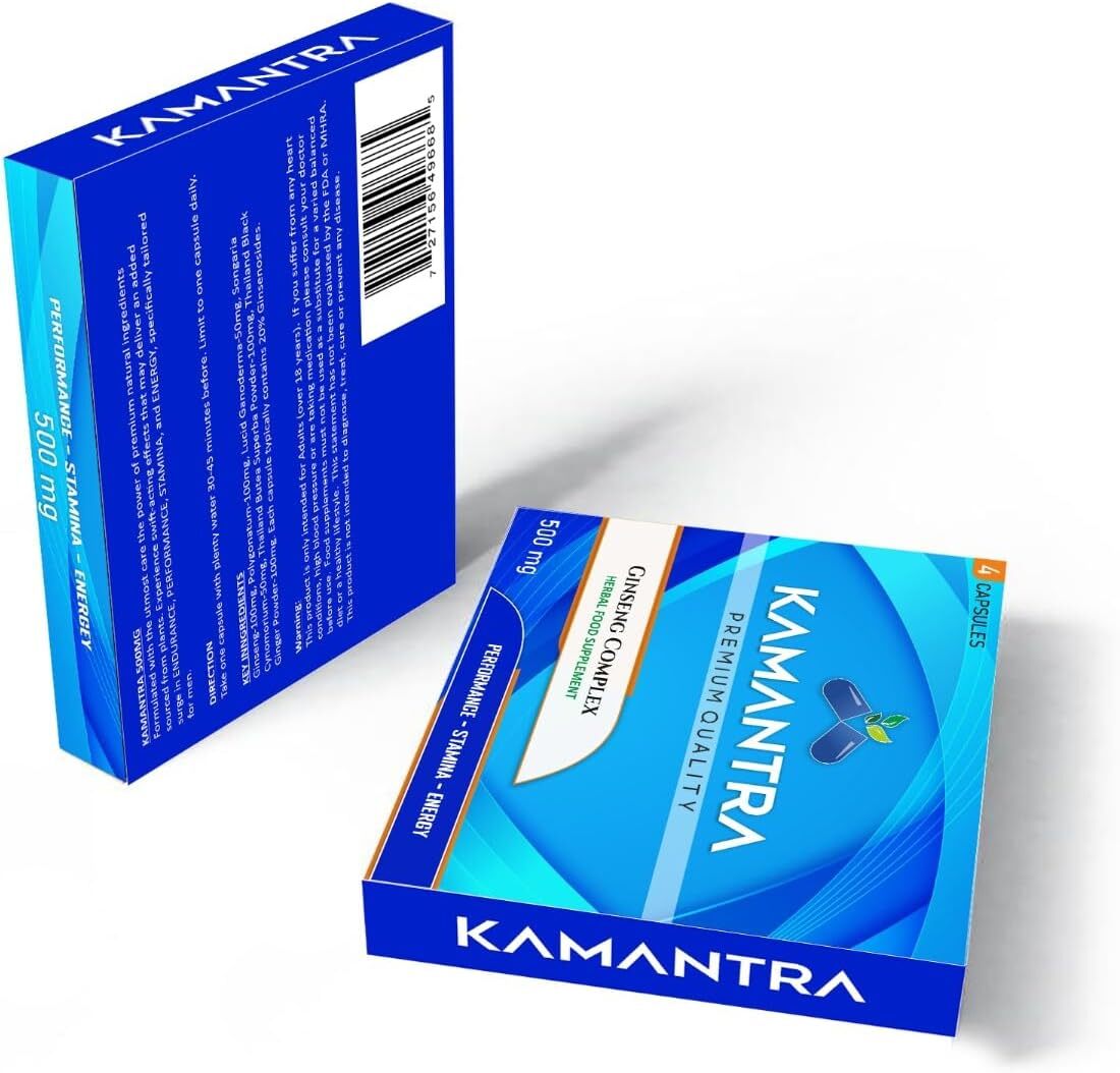 KAMANTRA - Mantra to Enhance Your Performance - Extra Strength Performance Enhancing Pills, Stamina Endurance Booster Blue Supplement Pills for Men - 4 Ginseng Capsules