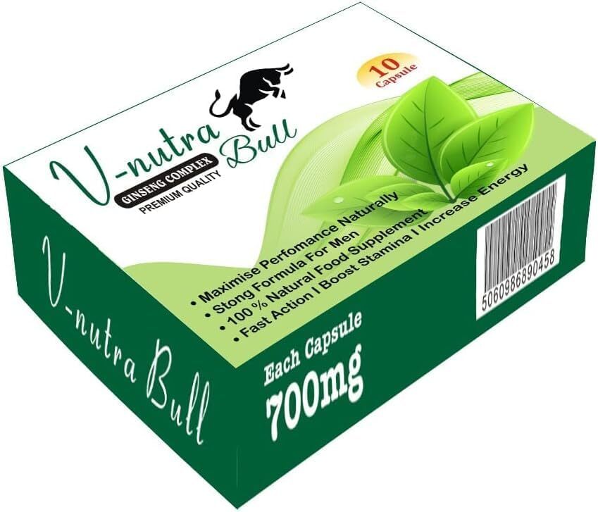 V-nutra Bull Super Extra-Strong Ginseng and Herbal Food Supplement for Men The Most Effective Natural Food Supplement for Men, with Strength and Fast Acting. - (Pack of 10 Capsules)