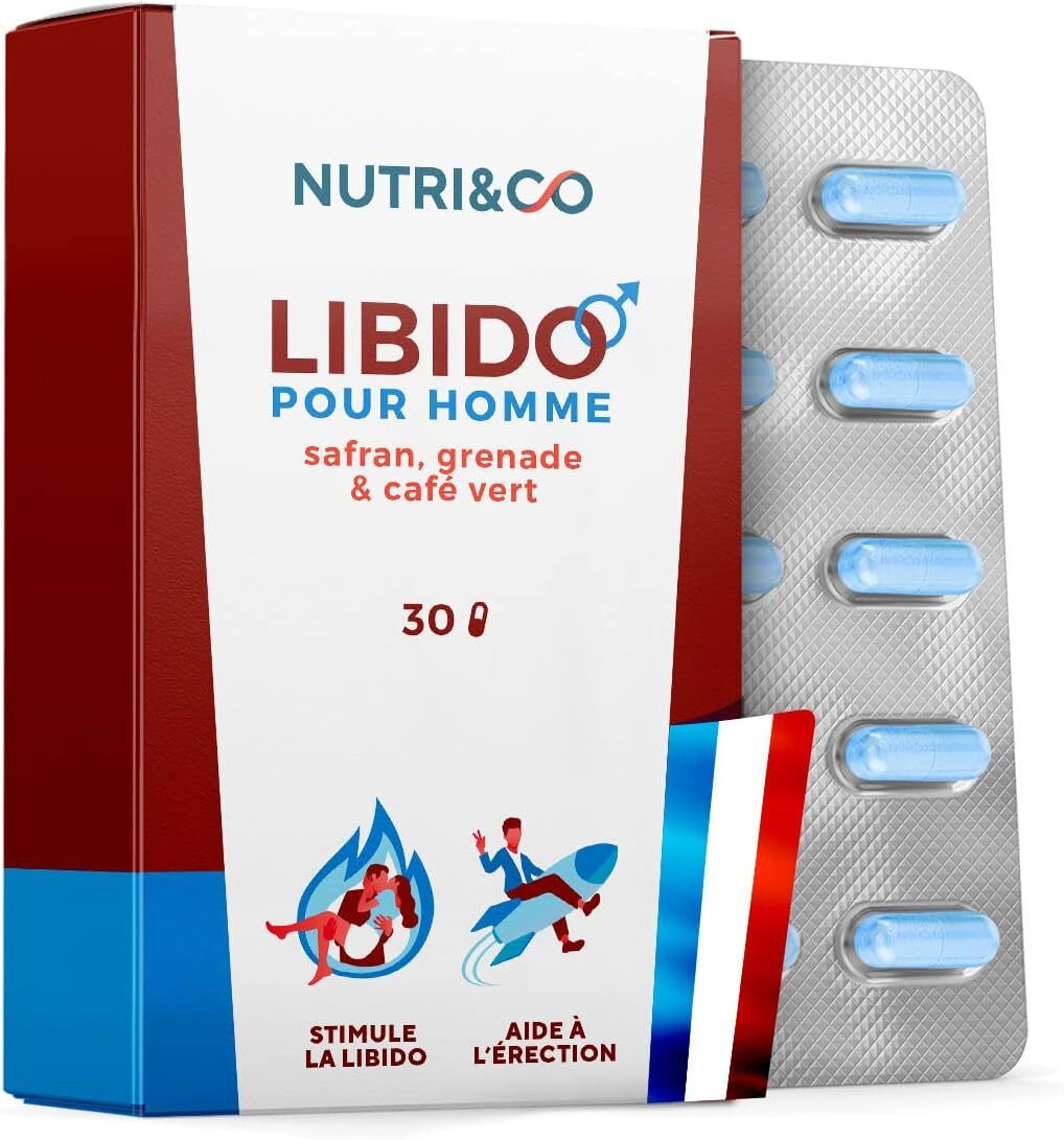 Libido Homme - Testosterone Booster - Saffron Pomegranate Green Coffee - 30 capsules - Energy, Endurance, Male Performance - Vegan - Made in France - Nutri&Co
