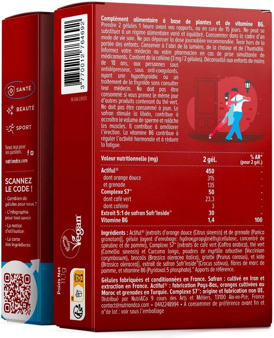 Libido Homme - Testosterone Booster - Saffron Pomegranate Green Coffee - 30 capsules - Energy, Endurance, Male Performance - Vegan - Made in France - Nutri&Co