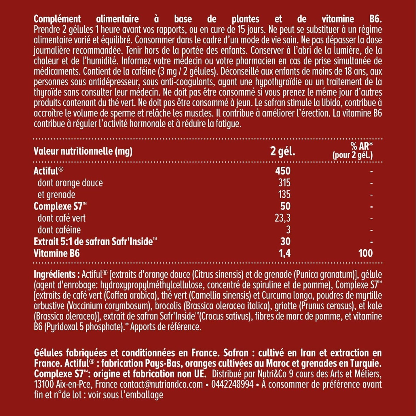 Libido Homme - Testosterone Booster - Saffron Pomegranate Green Coffee - 30 capsules - Energy, Endurance, Male Performance - Vegan - Made in France - Nutri&Co