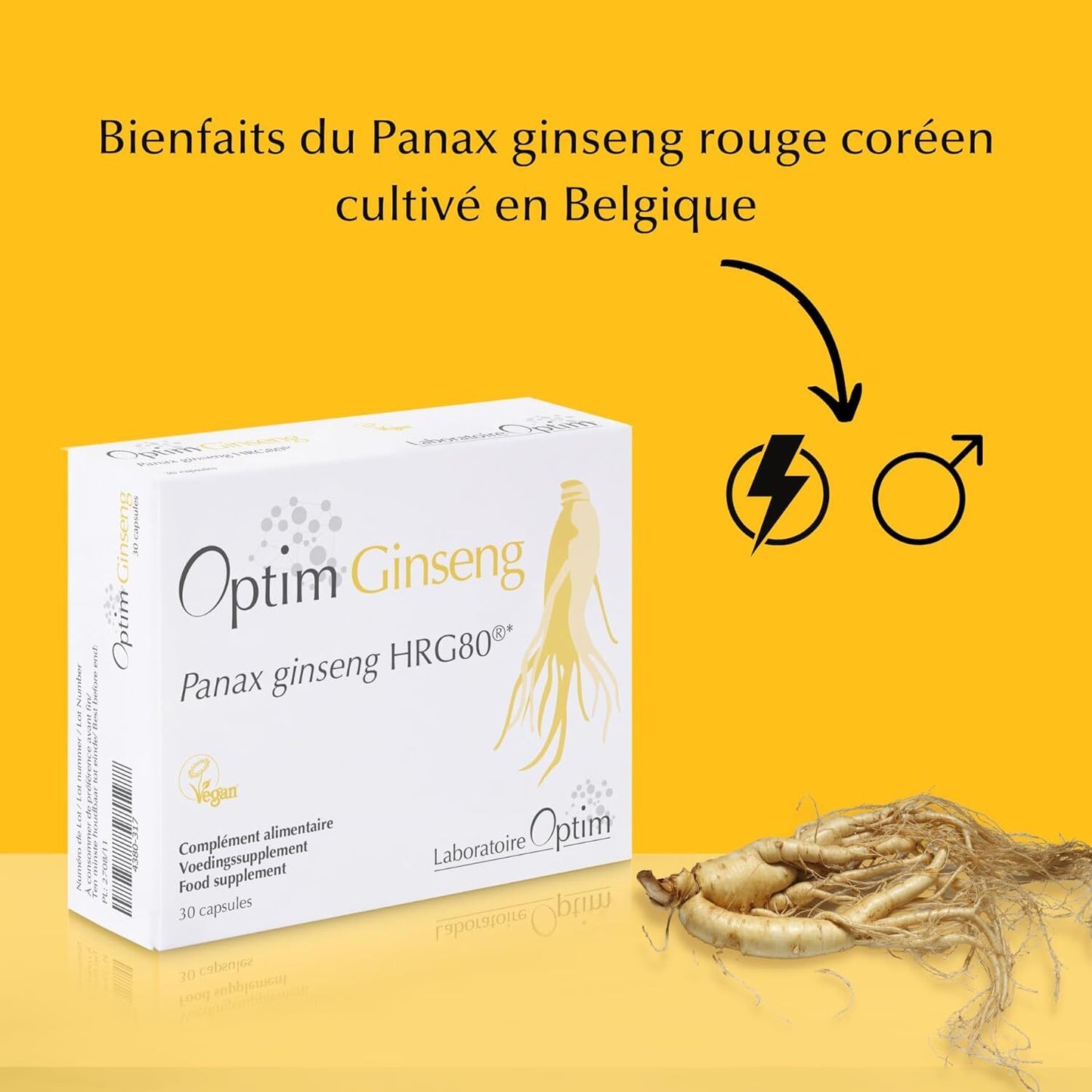 Ginseng natural aphrodisiac for men erection 30 capsules - capsules | Supplement Panax red ginseng from Korea grown in Belgium high content ginsenosides | Optim Ginseng