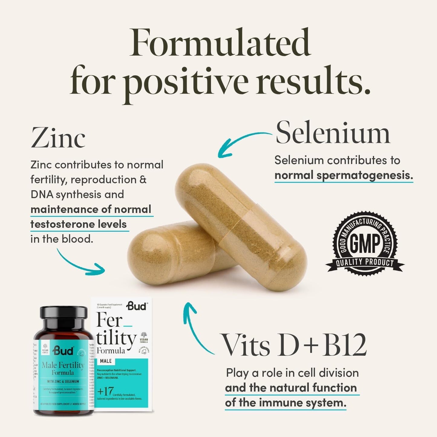 Bud Male Fertility Supplement | Natural Fertility Vitamins for Men | Maca + Zinc, Selenium & L-carnitine for Sperm Quality & Male Reproductive Health | 60 Capsules - Made in UK