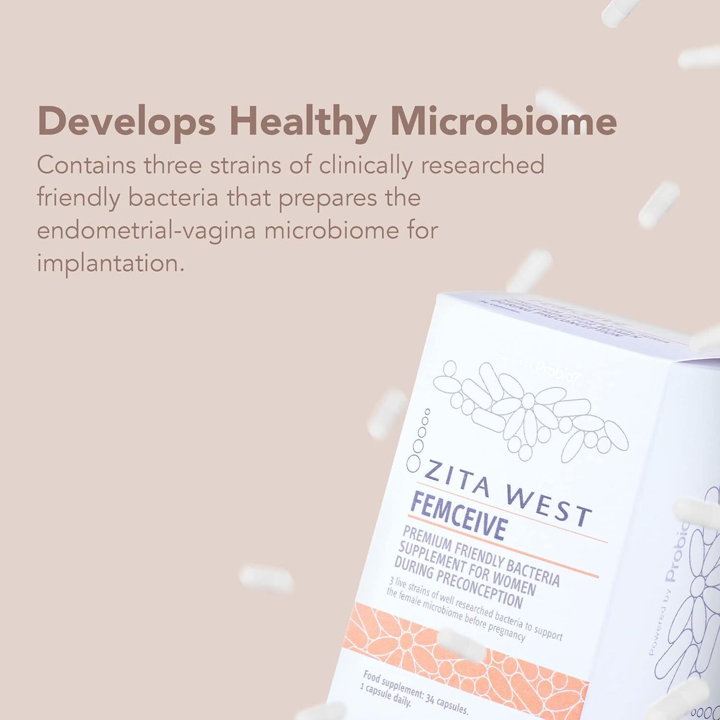 Zita West Femceive Supplement – Premium Friendly Bacteria Supplement for Women During Pre-Conception, Vegan Friendly, 34 Capsules