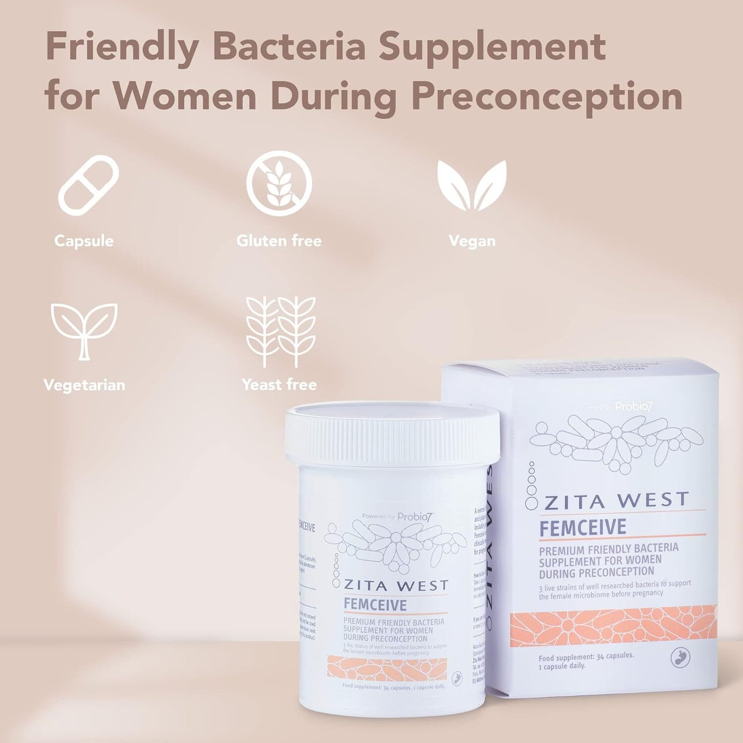 Zita West Femceive Supplement – Premium Friendly Bacteria Supplement for Women During Pre-Conception, Vegan Friendly, 34 Capsules