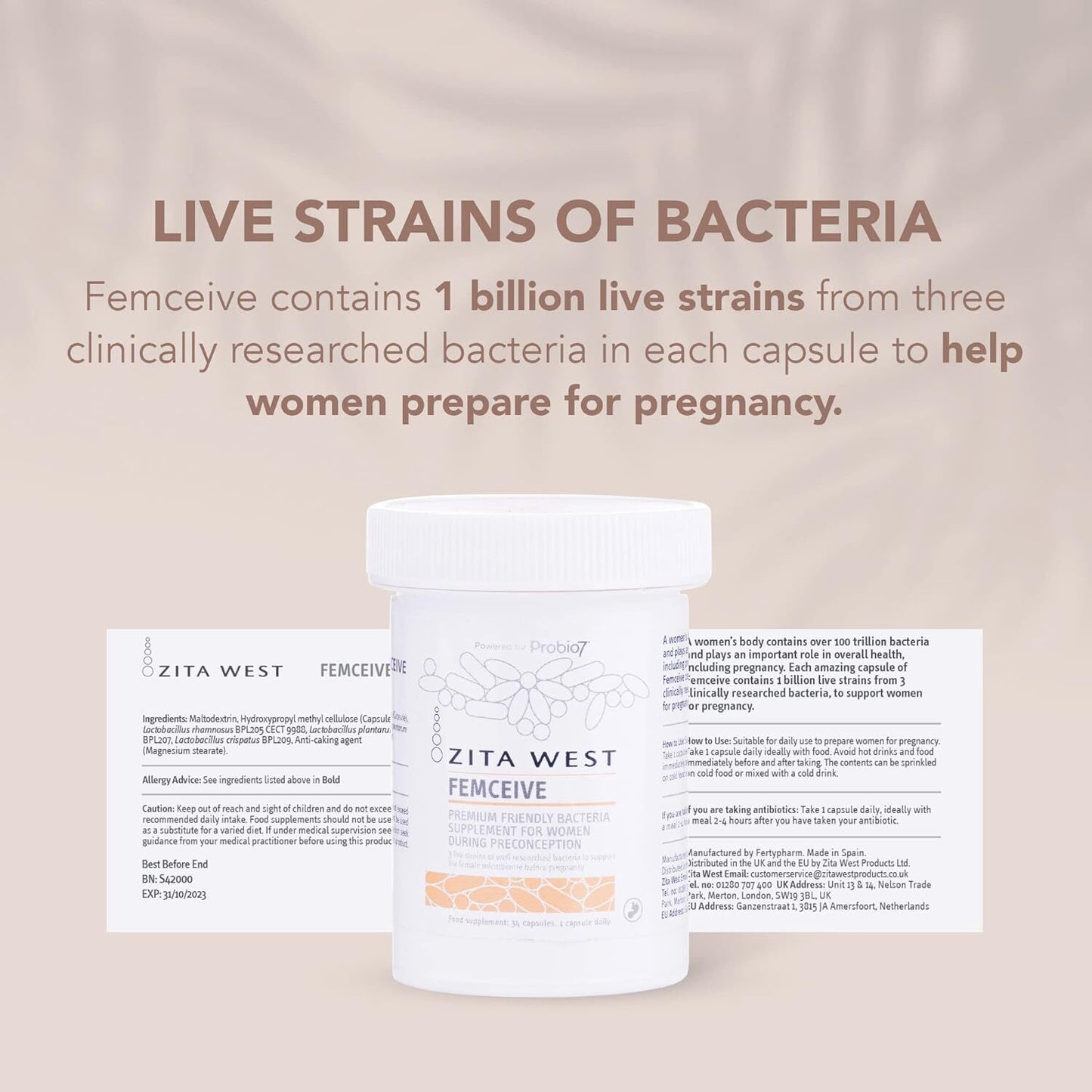 Zita West Femceive Supplement – Premium Friendly Bacteria Supplement for Women During Pre-Conception, Vegan Friendly, 34 Capsules
