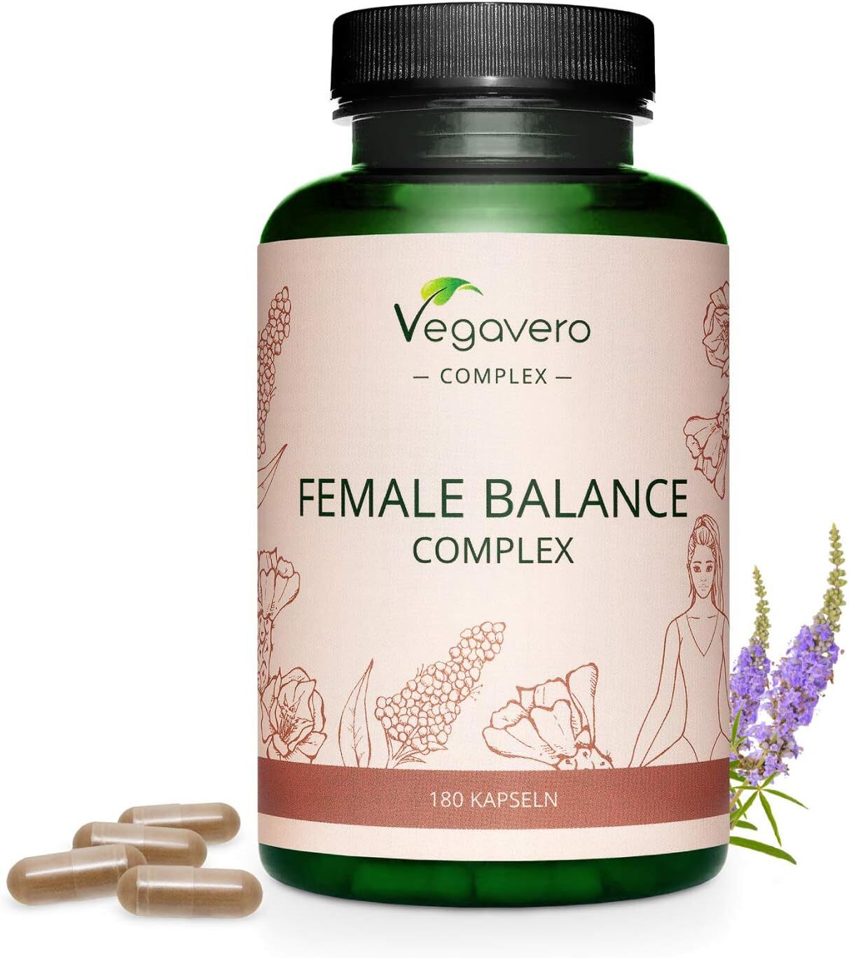 Hormone Balance for Women Vegavero® | PMS Supplements | NO Additives | 180 Capsules | Vitex Agnus Castus, Lady's Mantle, Folic Acid (Quatrefolic®) Maca, B6, B12, Iron, Zinc | Vegan