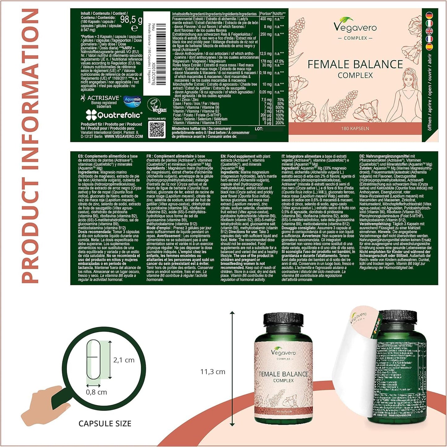 Hormone Balance for Women Vegavero® | PMS Supplements | NO Additives | 180 Capsules | Vitex Agnus Castus, Lady's Mantle, Folic Acid (Quatrefolic®) Maca, B6, B12, Iron, Zinc | Vegan