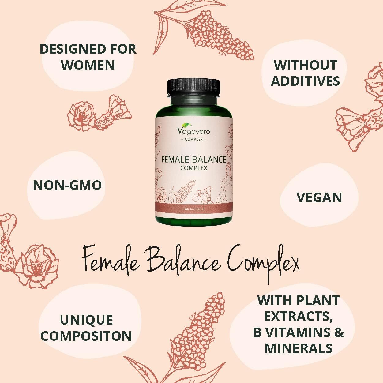 Hormone Balance for Women Vegavero® | PMS Supplements | NO Additives | 180 Capsules | Vitex Agnus Castus, Lady's Mantle, Folic Acid (Quatrefolic®) Maca, B6, B12, Iron, Zinc | Vegan