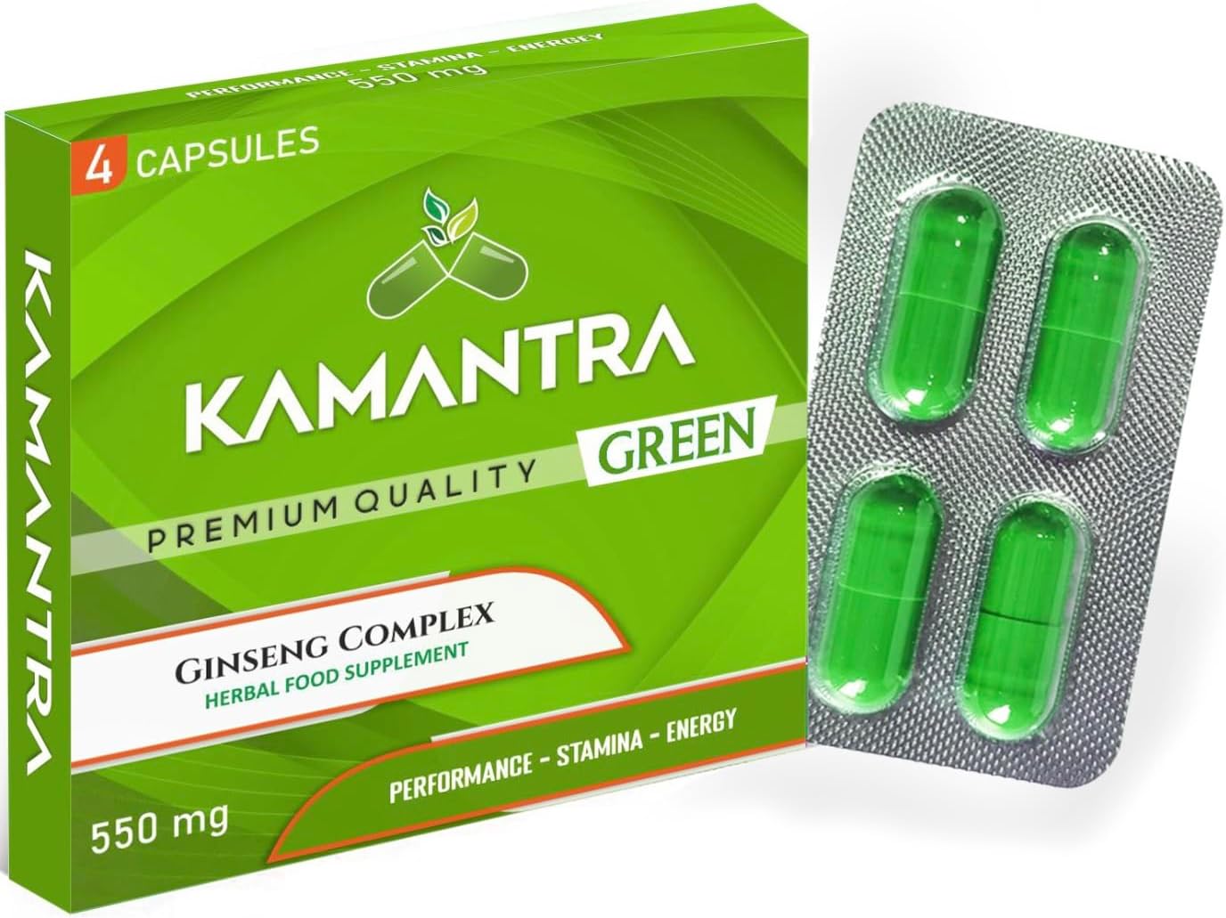 KAMANTRA™ Green - Mantra to Enhance Your Performance - Extra Strength Performance Enhancing Pills, Stamina Endurance Booster Green Supplement Pills for Men - 4 Ginseng Capsules