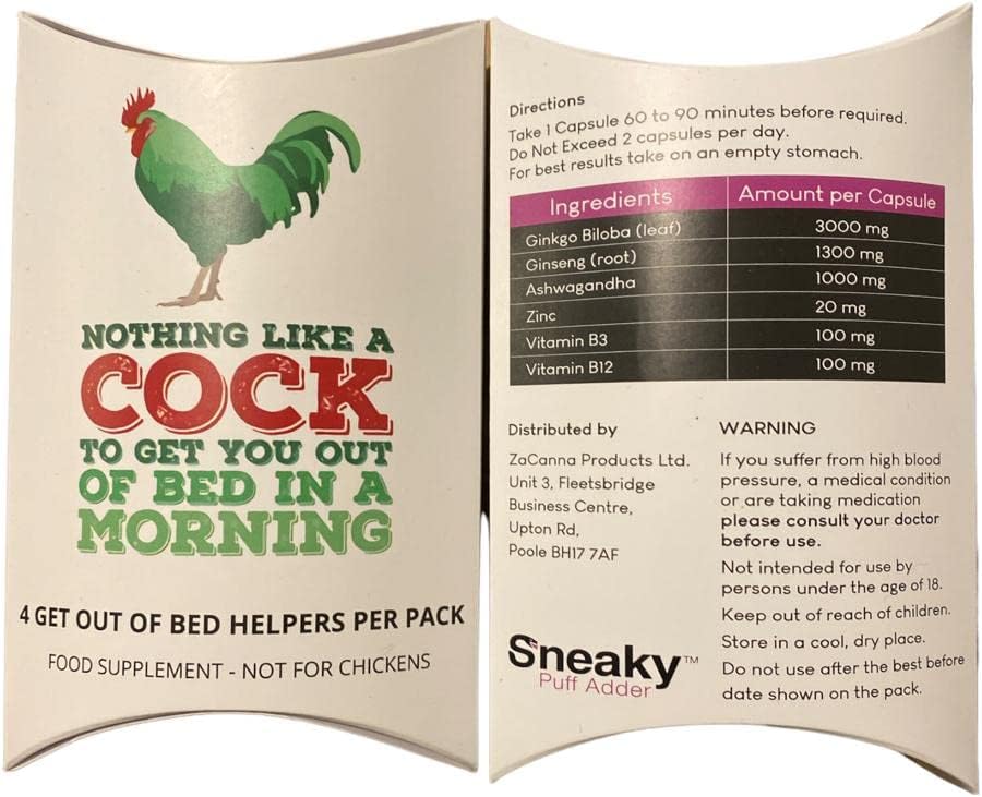 Sneaky Puff Adder Joke Box | 4 Ginseng Capsules Per Box | Xmas Gifts | Secret Santa | Birthdays | April Fools | Don't Be a Soft Cock | No Cocks were harmed in the making of this product (Morning Cock)