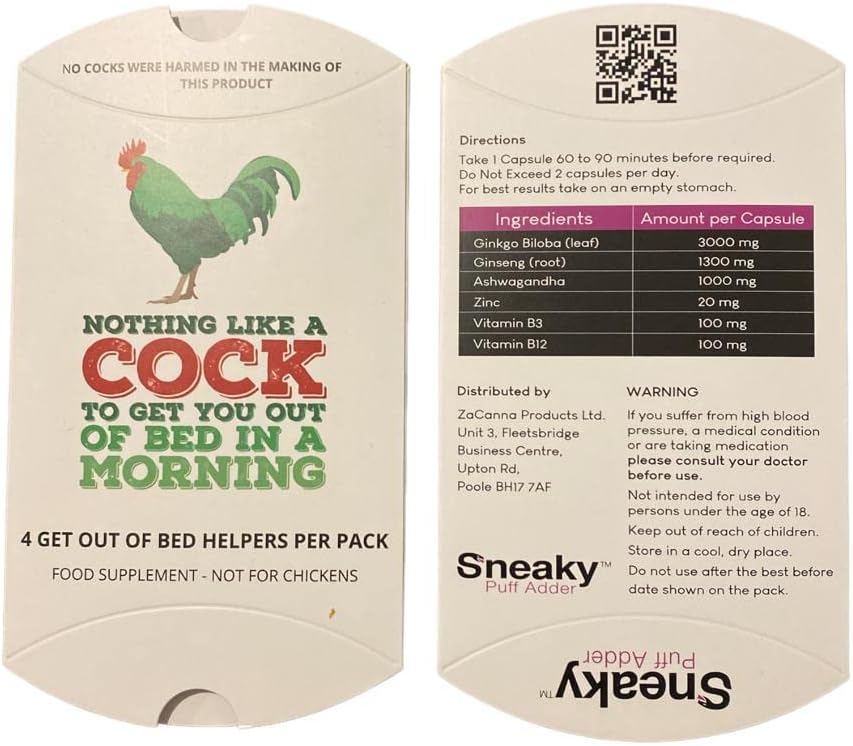 Sneaky Puff Adder Joke Box | 4 Ginseng Capsules Per Box | Xmas Gifts | Secret Santa | Birthdays | April Fools | Don't Be a Soft Cock | No Cocks were harmed in the making of this product (Morning Cock)