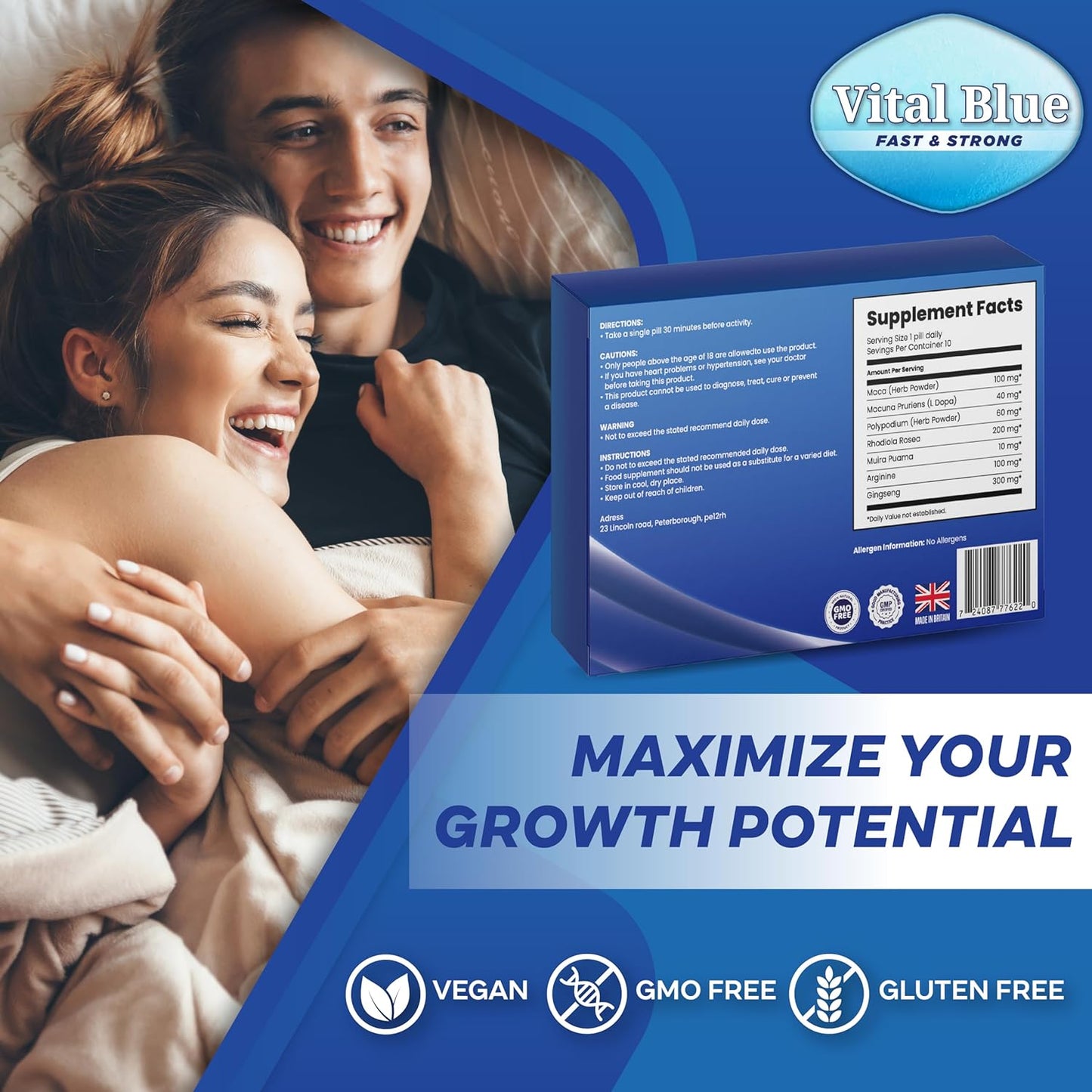 Vital Blue | 10 Tablets. Strong & Powerful for Confident Performer, Maximum Duration - 100 Natural Fast Acting Energy and Stamina (Ginseng Tablets)