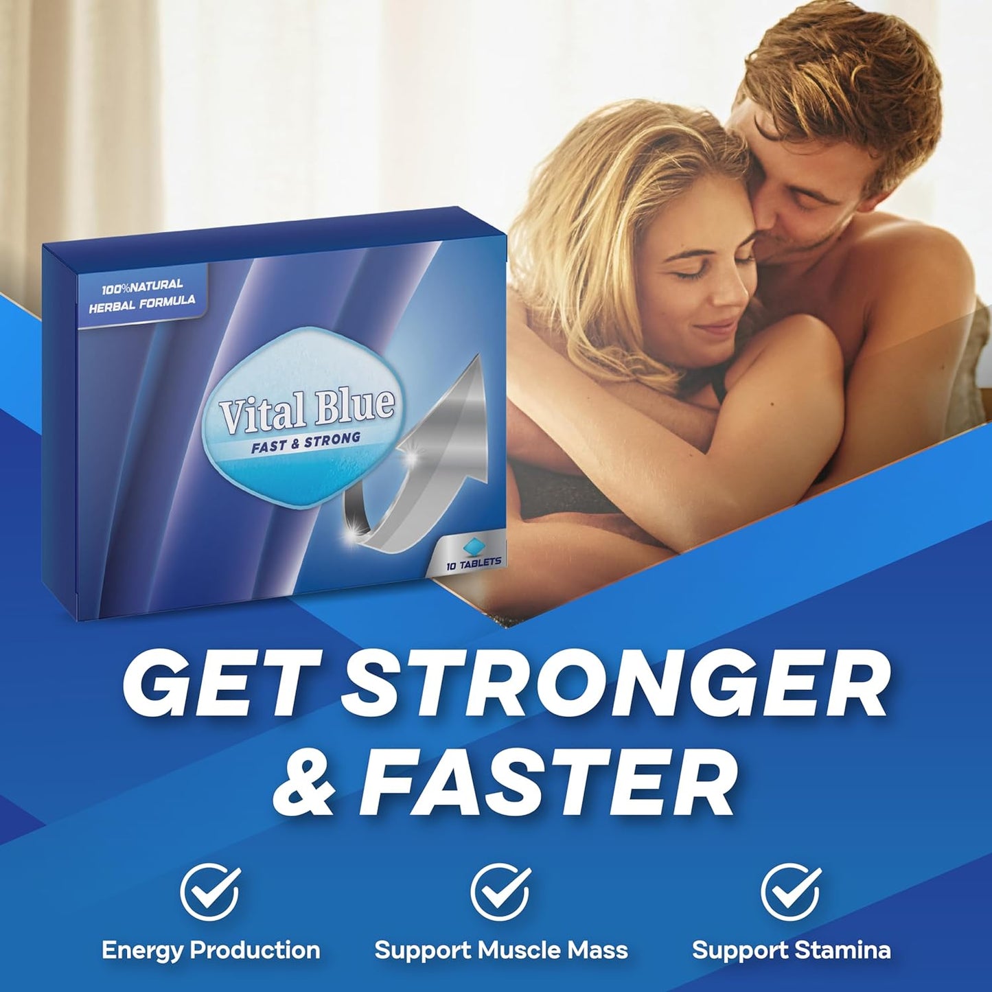 Vital Blue | 10 Tablets. Strong & Powerful for Confident Performer, Maximum Duration - 100 Natural Fast Acting Energy and Stamina (Ginseng Tablets)