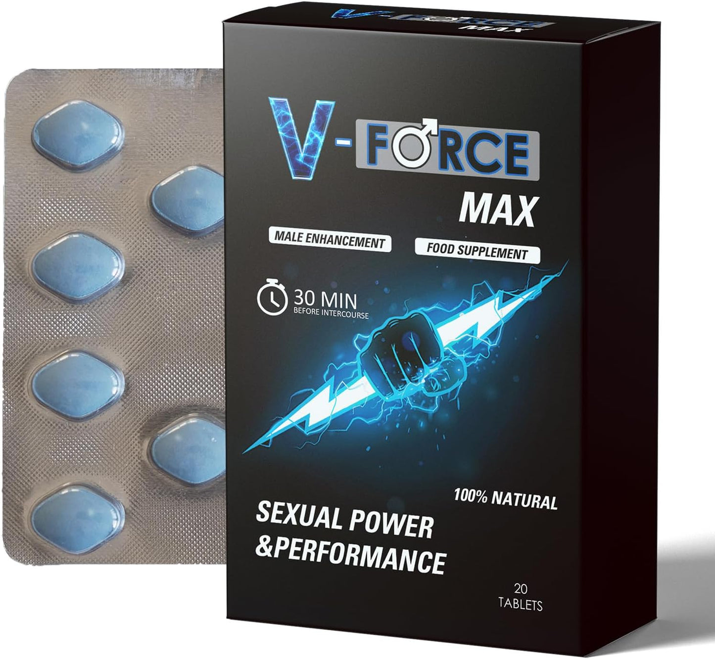 V-Force MAX Blue Pills for Men Extra Strong 100mg - Amplified Enhanced Strength & Firmness - Stronger & Harder Performance for Prolonged Results Food Supplement Tablets UK (20 Count (Pack of 1))