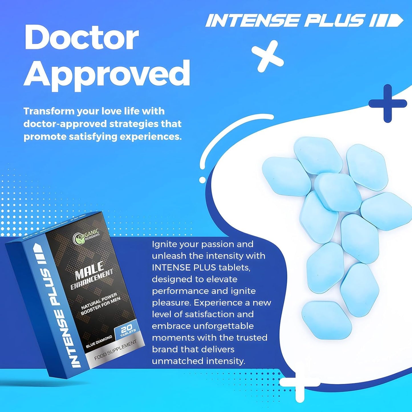 Intense Plus 20 Blue Tablets - Enhanced Strength & Firmness for Men - Increased Stamina, Prolonged Performance - Male Endurance Booster - Herbal Supplement