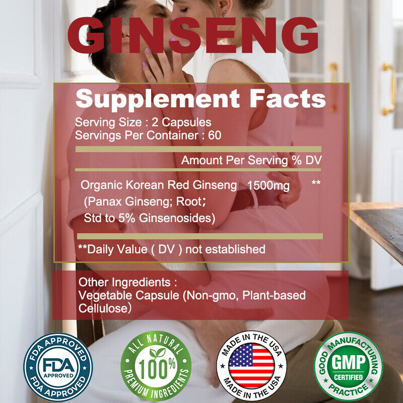 Korean Red Panax Ginseng 1500mg - Energy & Endurance, Male Testosterone Booster