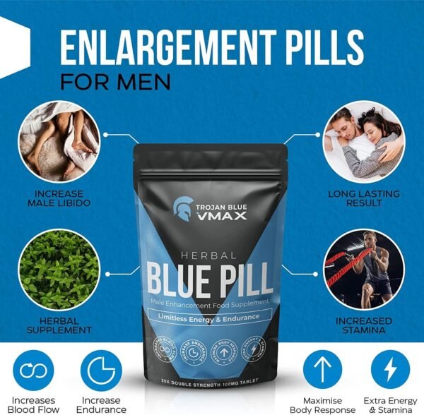 40 x Trojan Blue Vmax | Herbal Supplement Blue Pills for Men | High Strength Performance Powerful Fast Acting Long Lasting Results | Enhancing Male Stamina & Endurance Booster Tablets