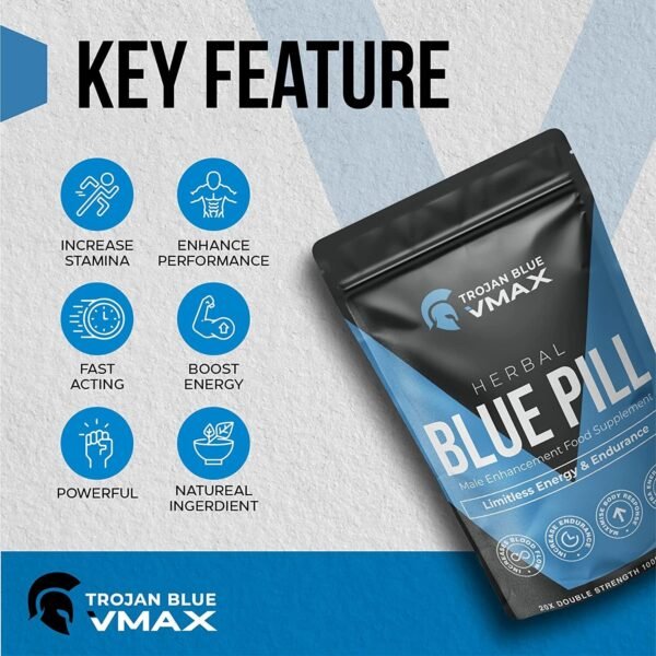 40 x Trojan Blue Vmax | Herbal Supplement Blue Pills for Men | High Strength Performance Powerful Fast Acting Long Lasting Results | Enhancing Male Stamina & Endurance Booster Tablets