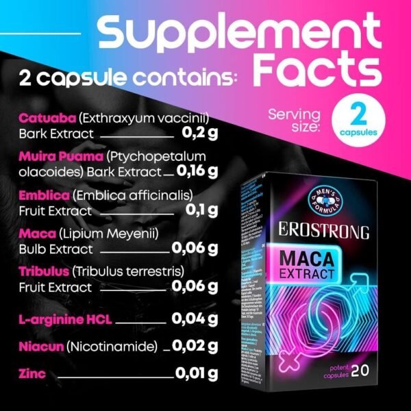 Erostrong Premium Booster Supplements for Men with Natural Maca Root Extract and Zinc Maintains Normal Hormone Level Glucan Free Formula 20 Capsules