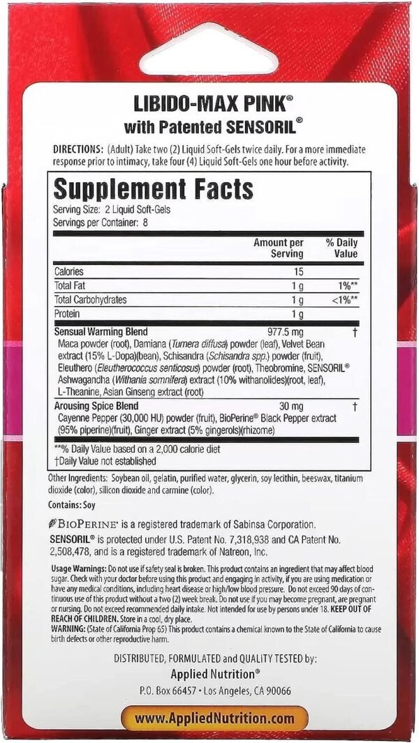 Applied Nutrition Libido Max Pink, Used for Women Female Advanced Sensual Eatming Formula, Fast Acting Liquid - 16 Softgel