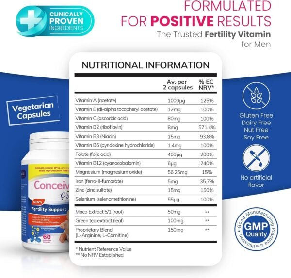 4052071435 Conceive Plus Fertility Supplements for Men - Optimal Sperm Count & Motility - Maca, L-Arginine, Zinc, Folate Folic Acid & Magnesium - Conception Vitamins for Men, 60 Capsules, 30 Day Supply