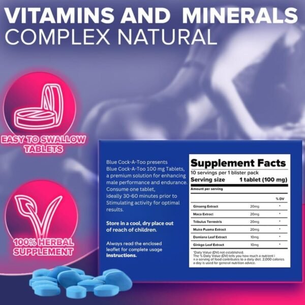 4647126933 Blue Cock-a-Too V Plus 100mg Strong & Powerful for Confident Performer, Maximum Duration - 100% Herbal Supplement | Fast Acting Energy and Stamina (Ginseng Tablets) Made in UK, Pack of 10 (10)